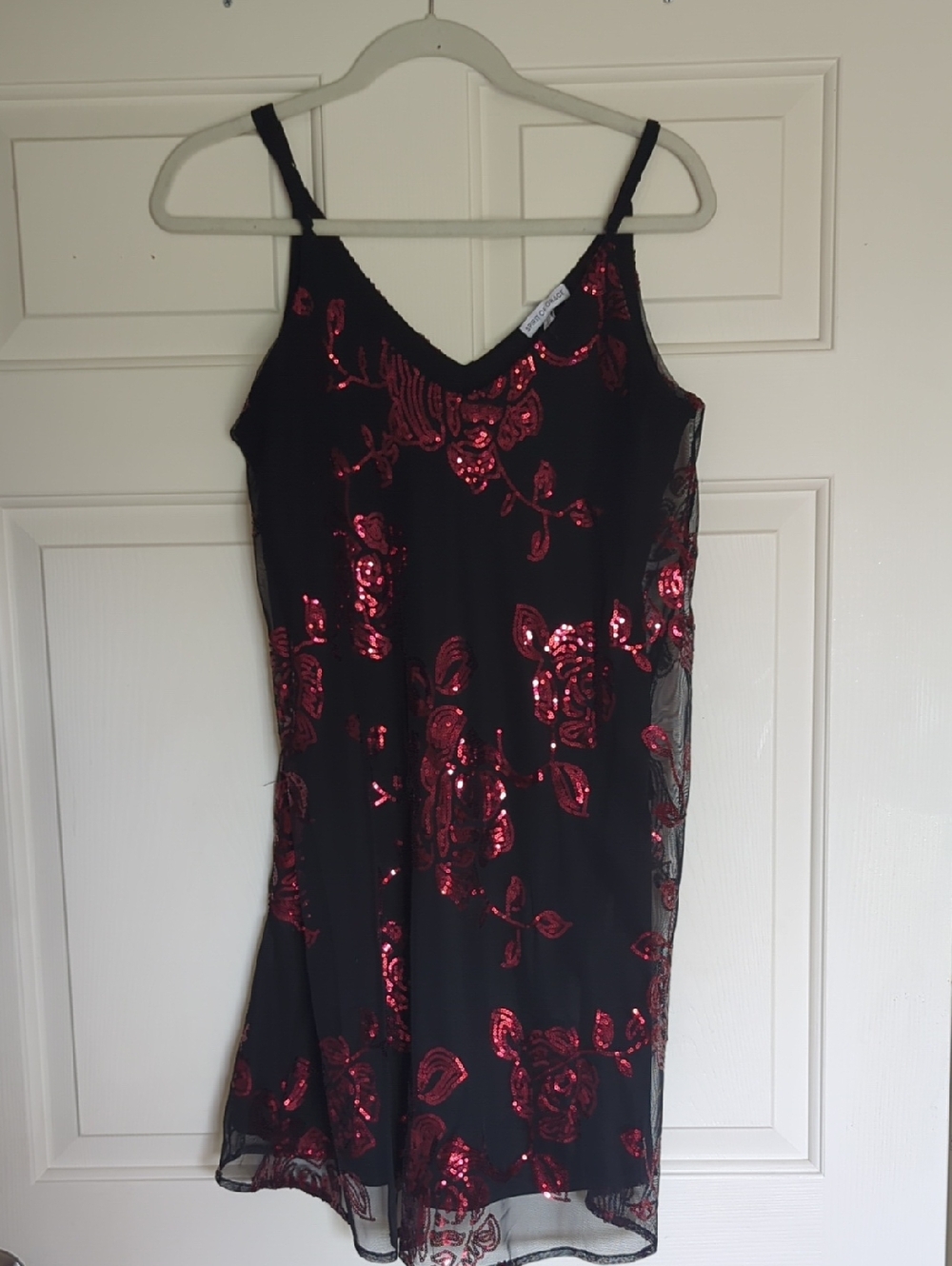 Elegant Black Slip Dress with Red Sequin Floral Appliqué